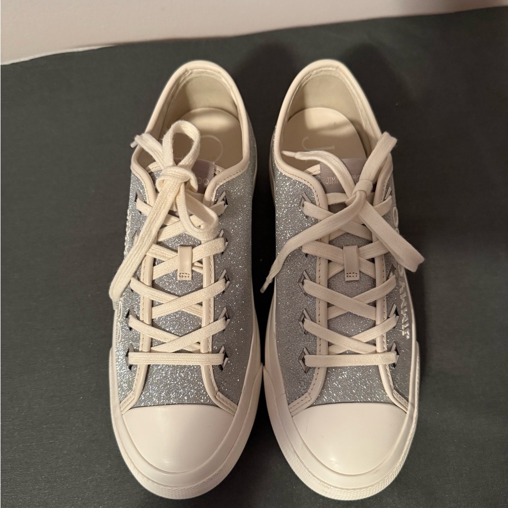 Jimmy Choo Silver and White Glitter Sneakers